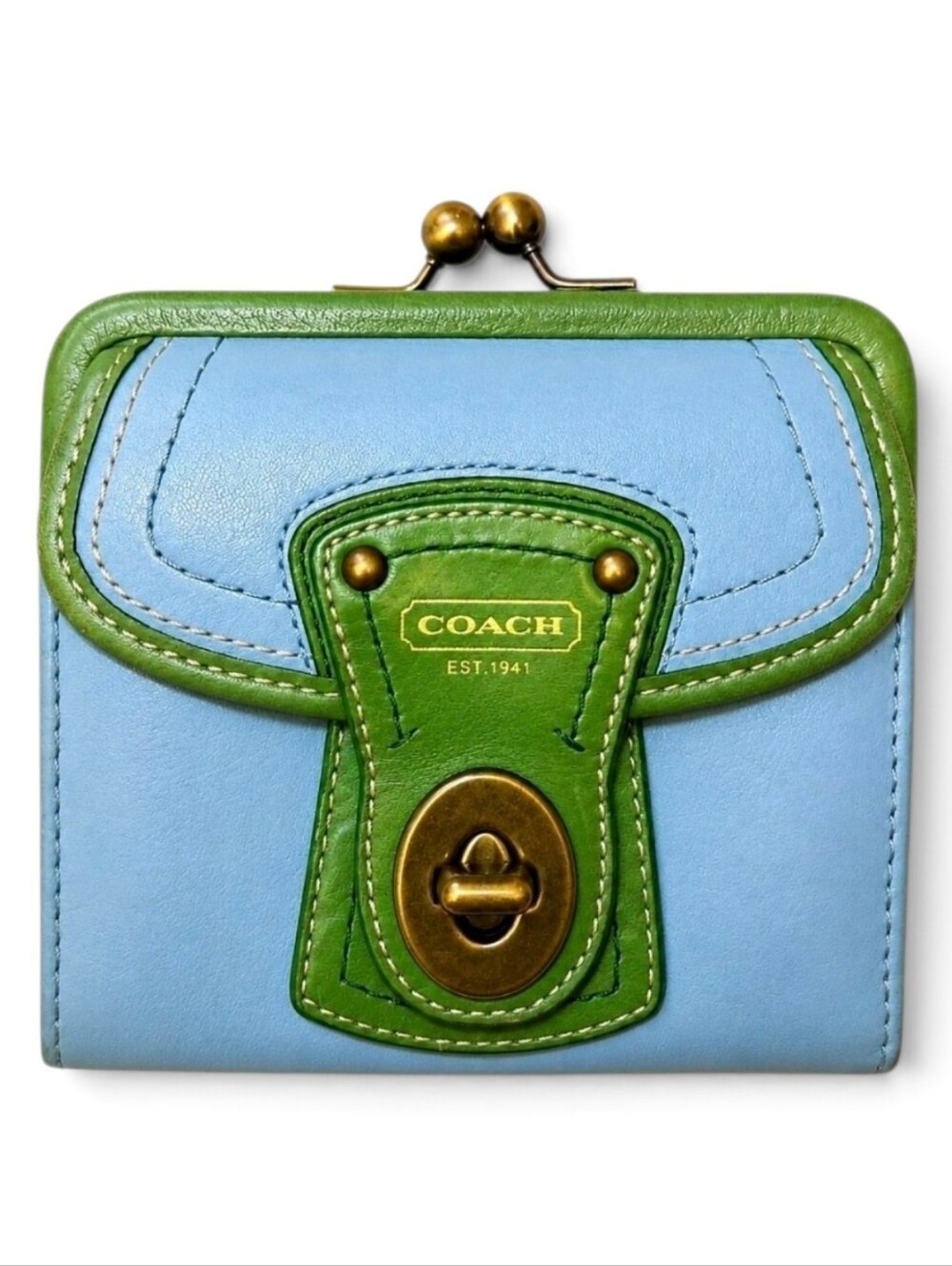 Coach 1941 Blue & Green Leather Kisslock Wallet | Vintage Colorblock Turnlock